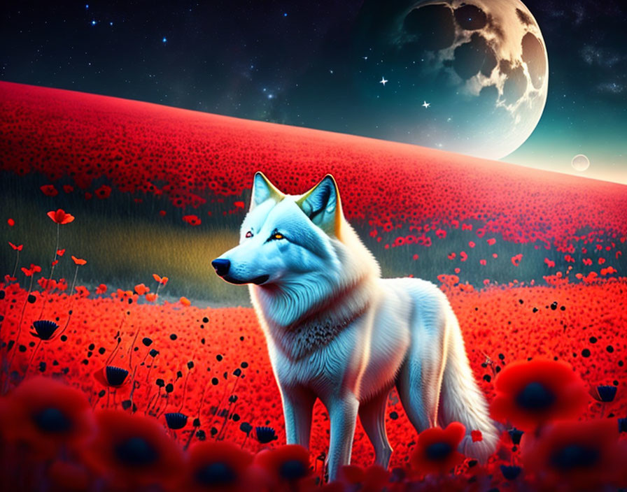 White wolf in red poppy field under night sky with moon and stars