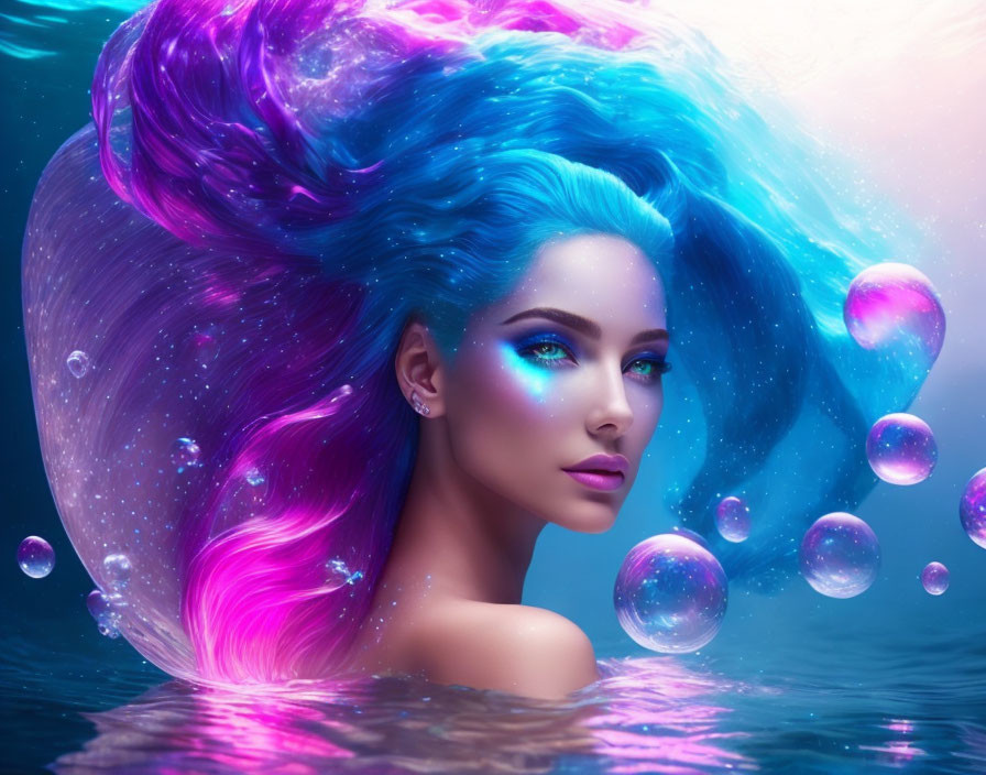 Vibrant blue and purple hair woman in cosmic underwater scene