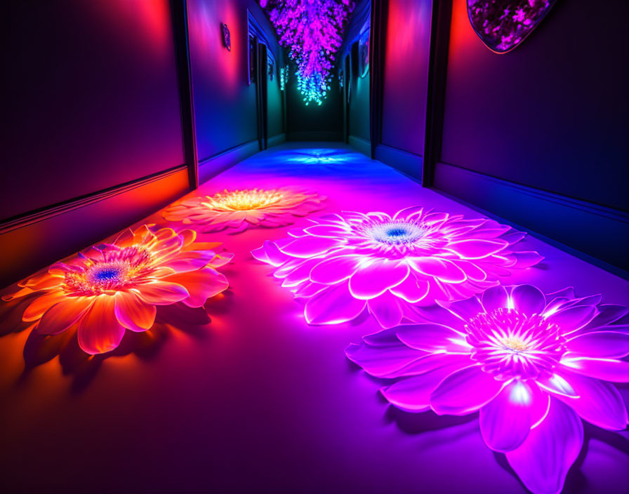 Colorful Flower Projections in Neon-Lit Hallway