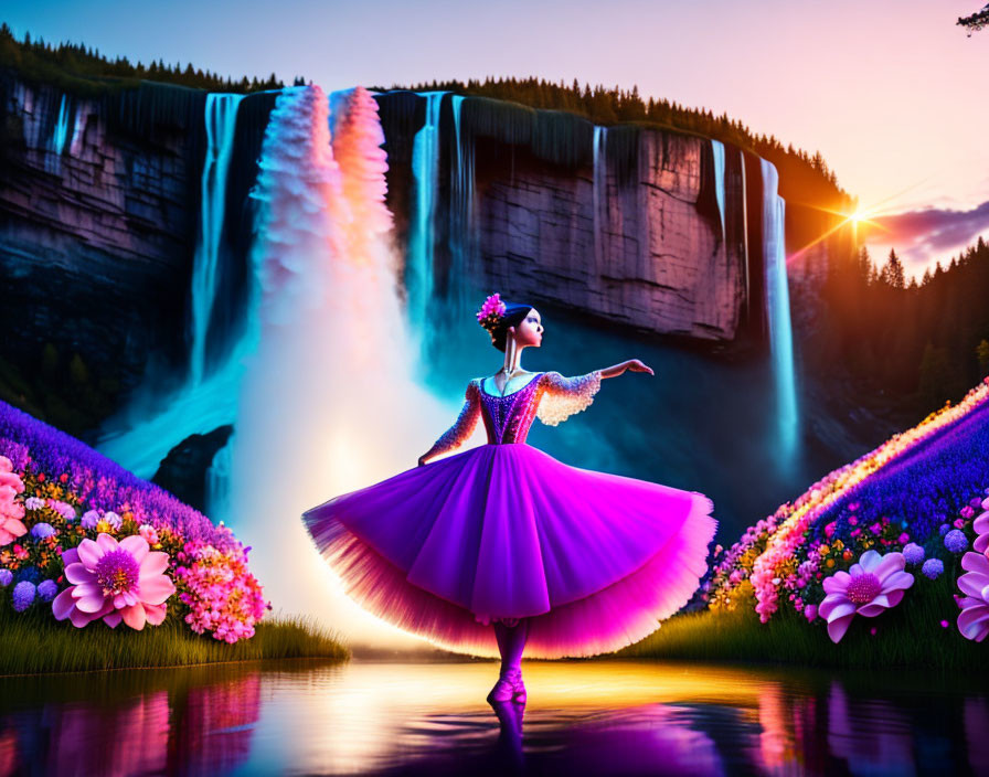 Ballerina in Purple Tutu by Lake with Waterfall at Sunset