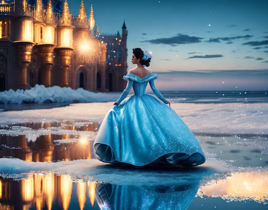 Woman in Sparkling Blue Gown Gazing at Castle in Night Scene