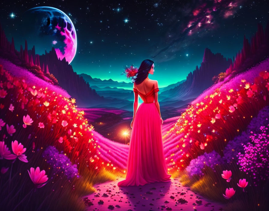 Vibrant fantasy landscape with woman in red dress