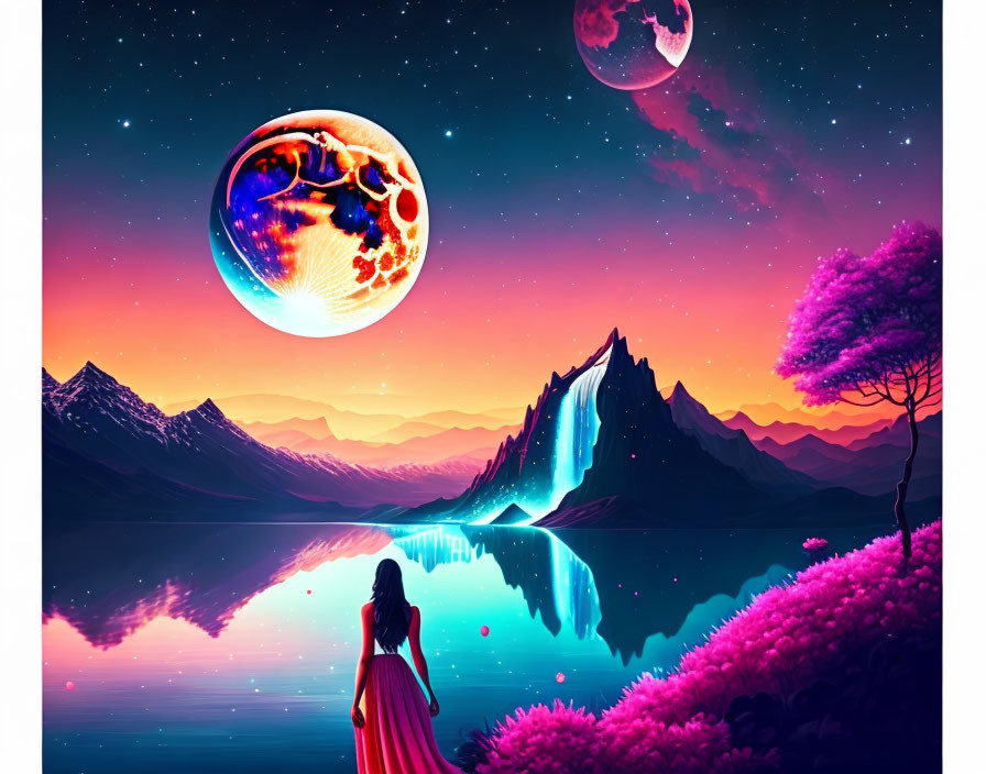 Colorful digital artwork: Woman in pink dress surrounded by surreal landscape, vibrant flora, waterfalls,