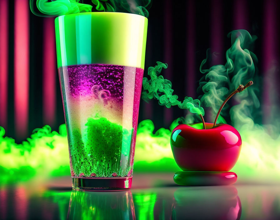 Colorful fizzy drink with glowing rim and smoking red cherry on reflective surface.