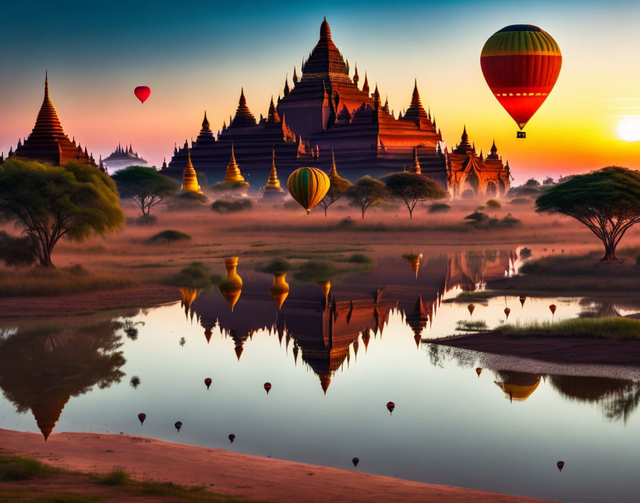 Colorful hot air balloons over serene landscape with temple silhouette and water reflections at sunrise/sunset.