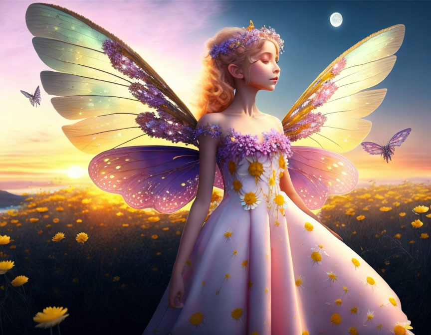 Colorful fairy with large wings in flower field at dusk