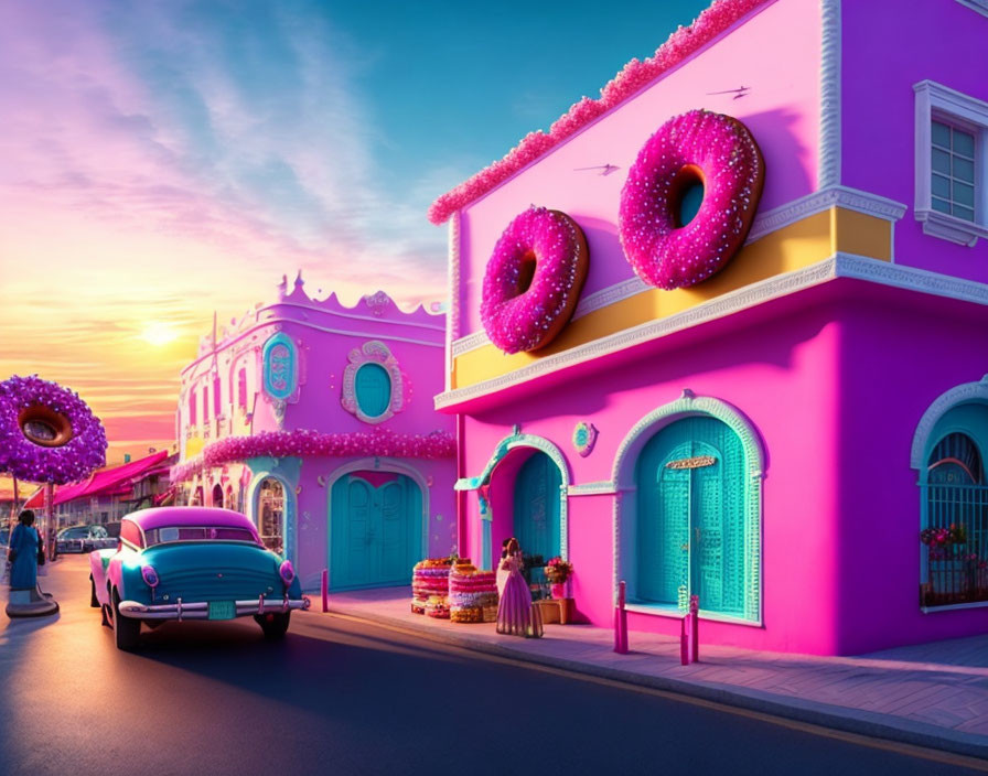 Pastel-colored buildings, vintage car, donut decorations, and macarons in vibrant street scene