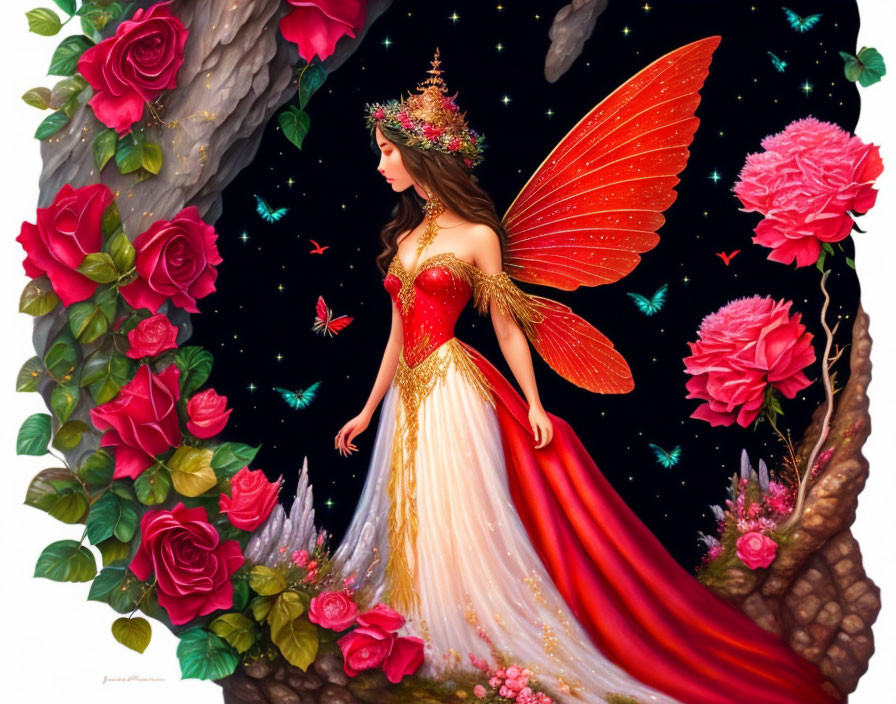 Illustration: Winged female figure with floral crown, roses, butterflies in mystical setting