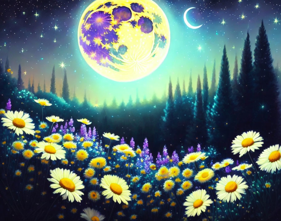 Colorful Flower-Patterned Moon Over Wildflower Meadow