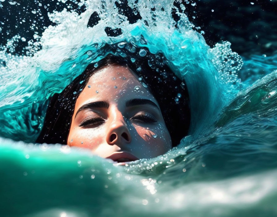 Face emerges from water with watery halo splash