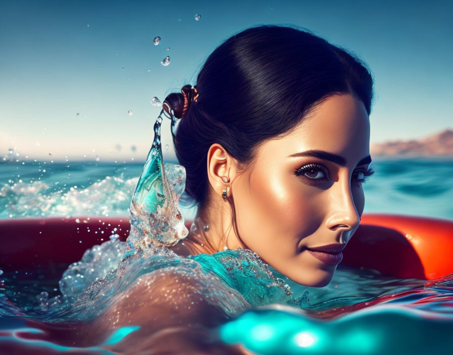 Woman with sleek hair and makeup submerged in water with droplets.