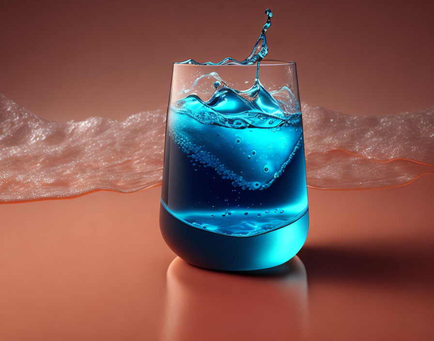 Blue liquid splashing in glass on warm-toned background with wave crest.