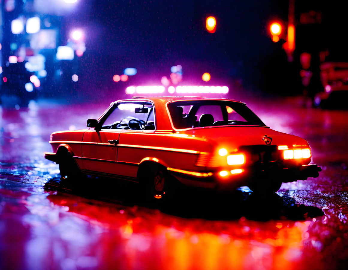 Vintage police car miniature model with illuminated red lights on wet surface at night