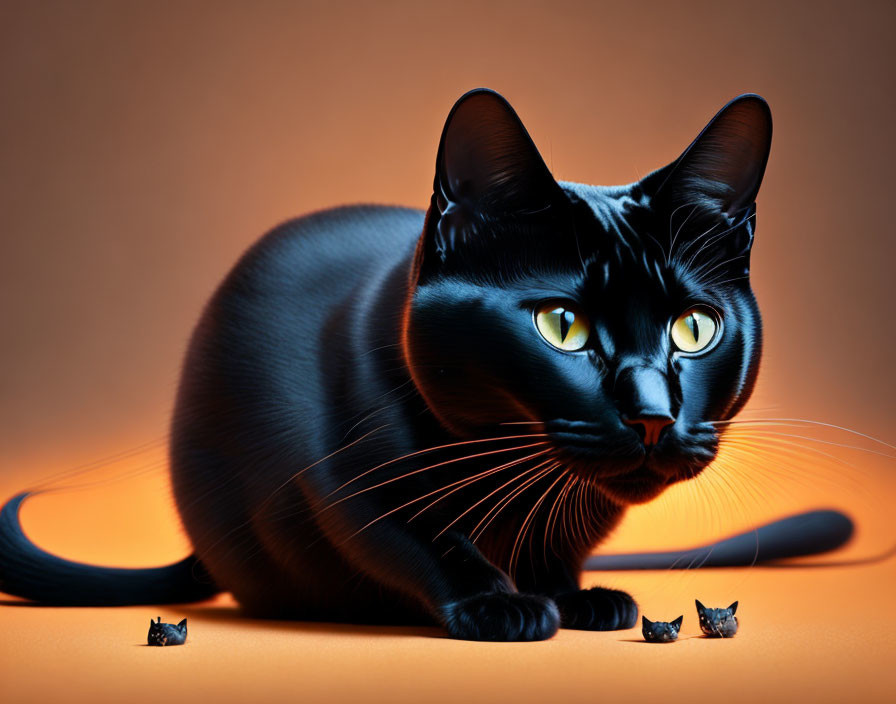 Black Cat with Yellow Eyes Observing Tiny Figures on Amber Background
