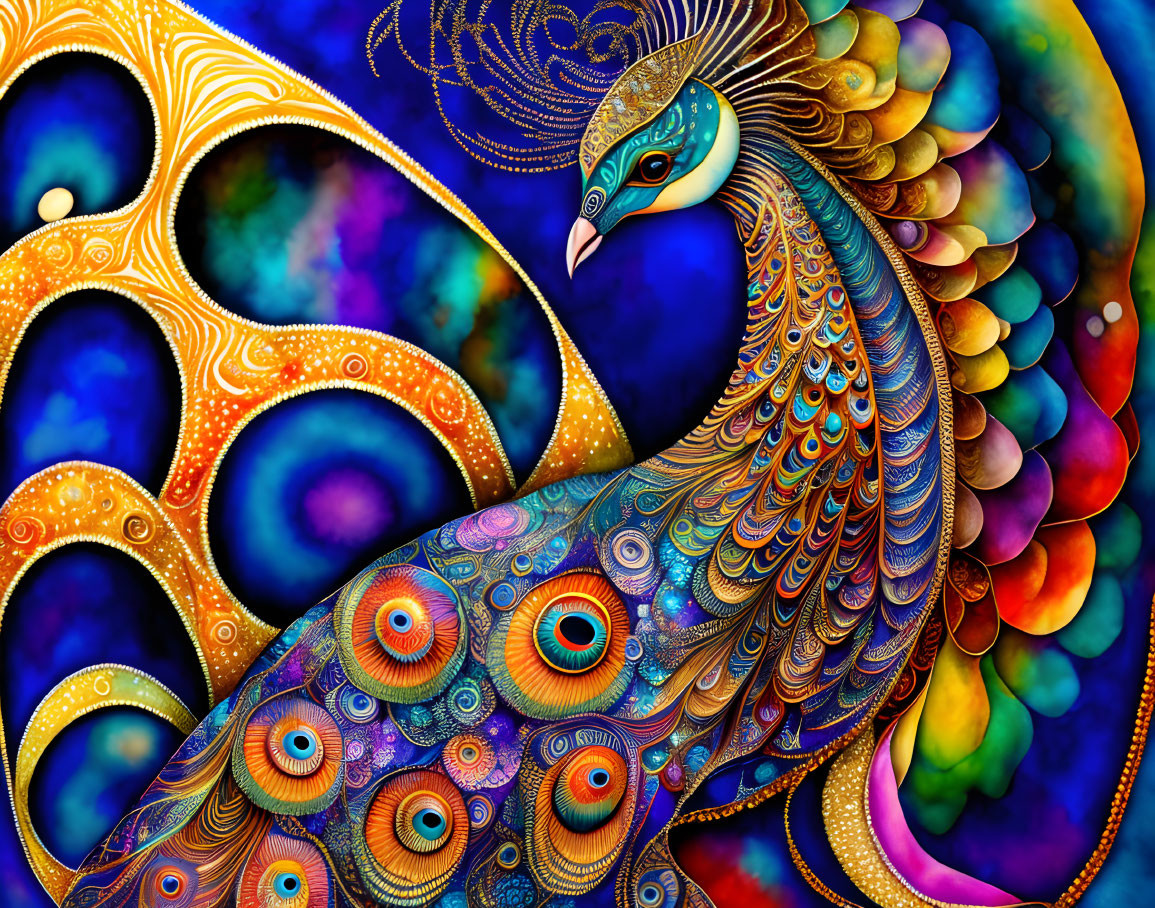 Colorful Peacock Artwork with Psychedelic Background