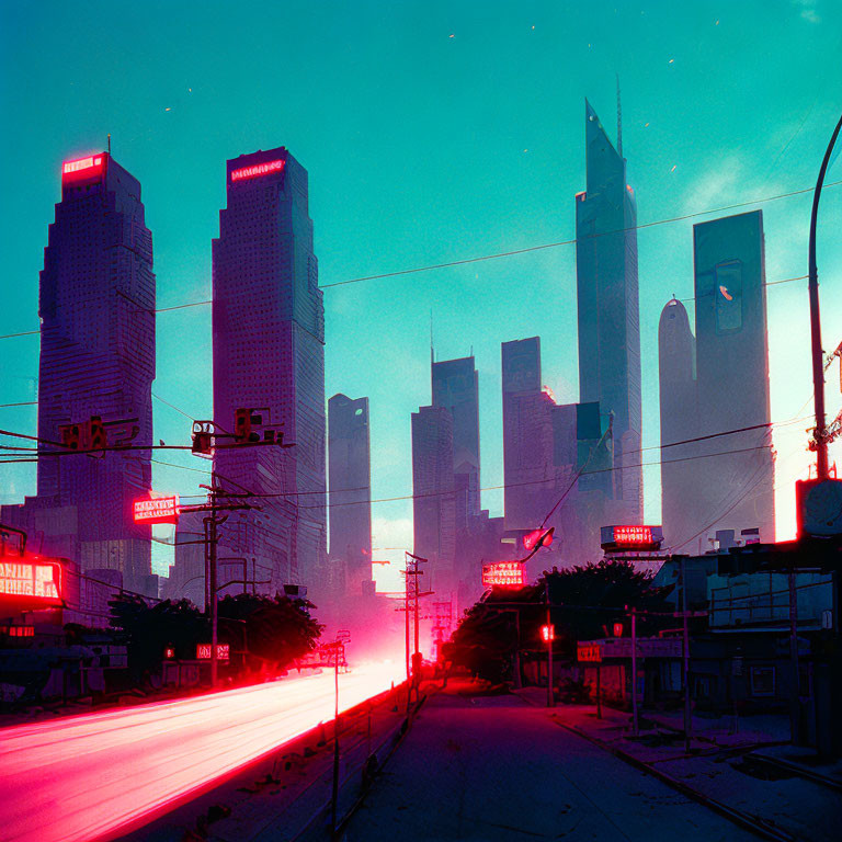 Futuristic neon cityscape with high-rise buildings at dusk