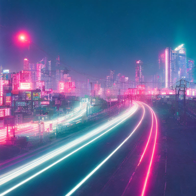 Vibrant Cyberpunk Cityscape: Neon lights, skyscrapers, fast-moving traffic.