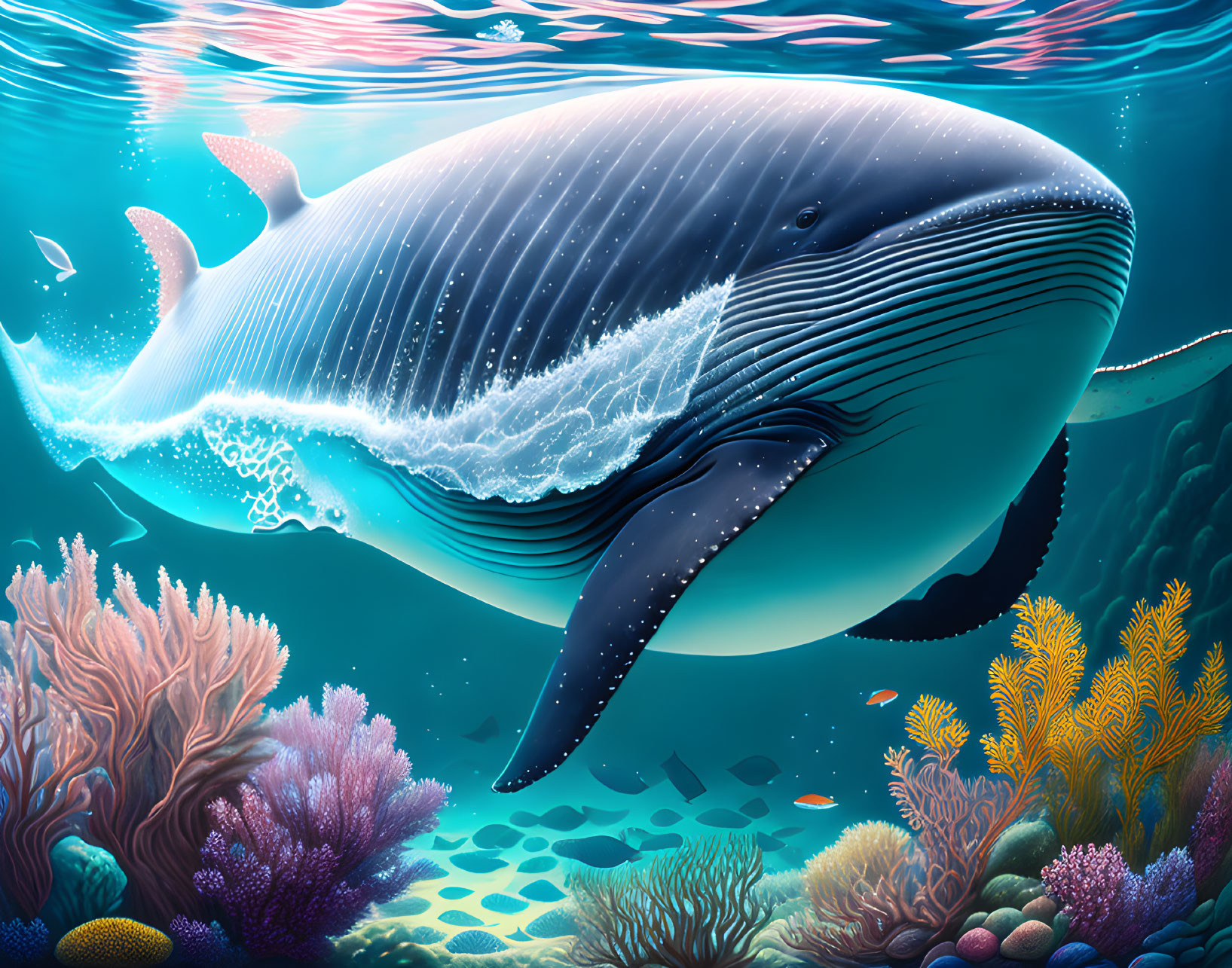 Majestic blue whale in vibrant underwater scene