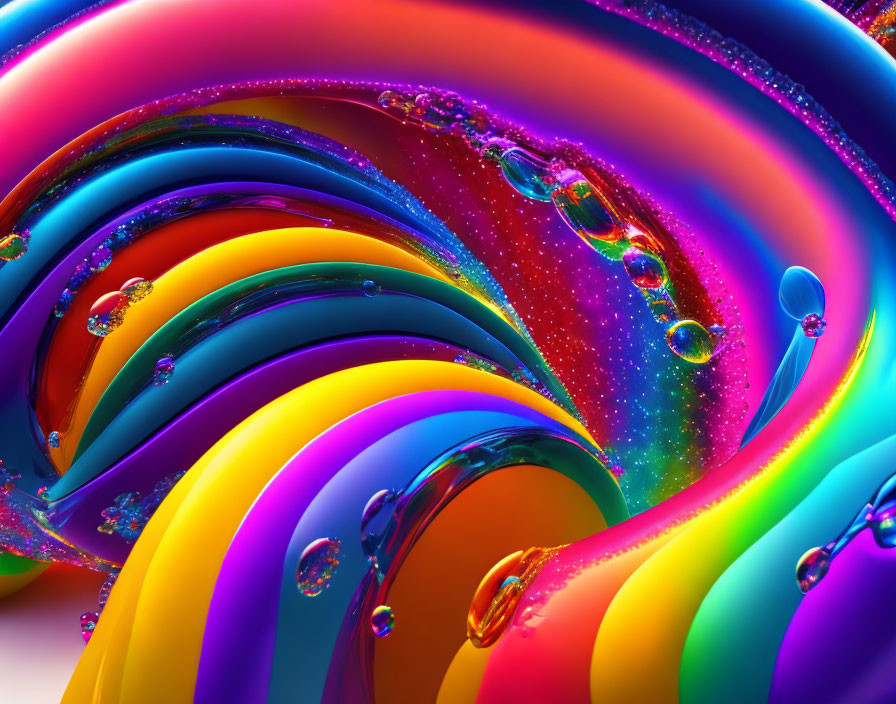 Colorful Rainbow Swirls with Water Droplets on Multicolored Background