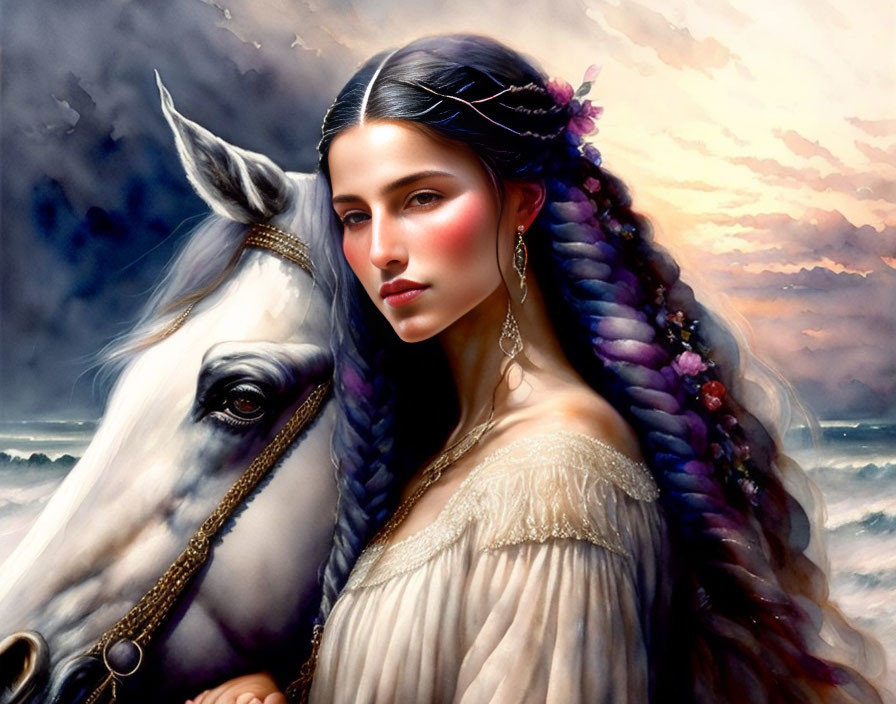 Woman with Braided Hair Stands with White Horse at Sunset