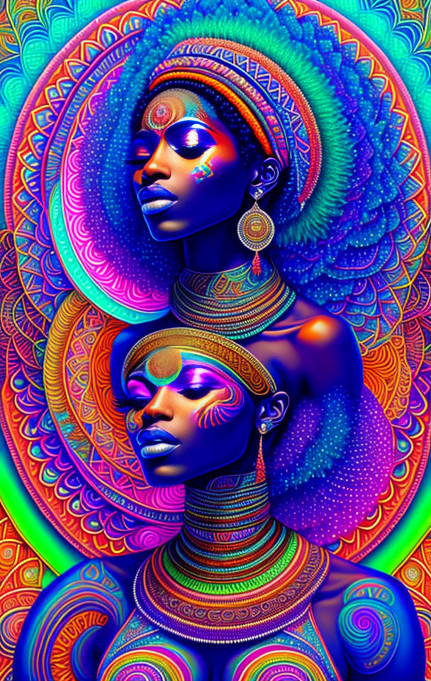 Colorful Psychedelic Illustration of Two Women in African-Inspired Attire