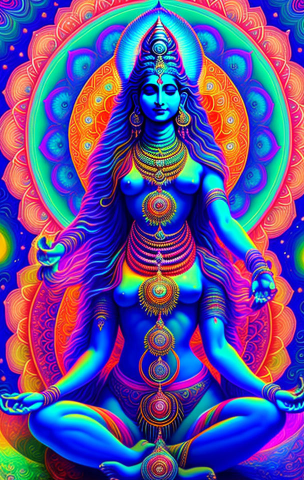 Colorful multi-armed figure in meditation with chakra symbols and intricate patterns