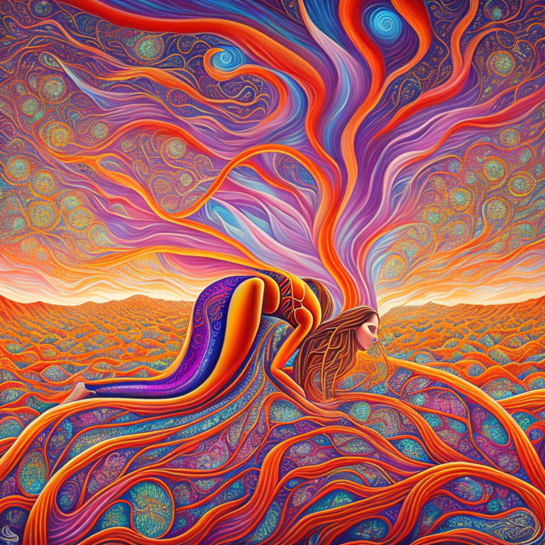 Colorful Psychedelic Figure Merging with Swirling Patterns