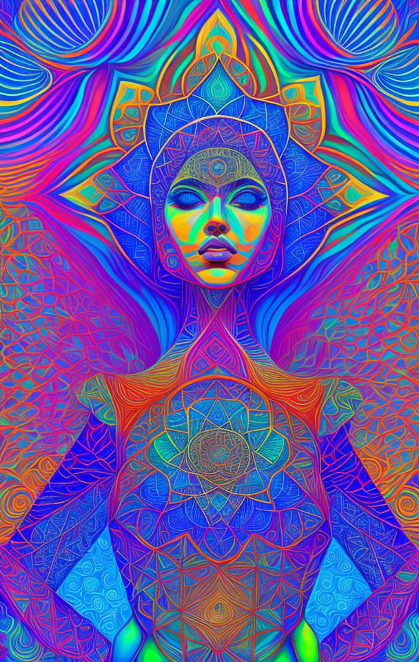 Colorful Psychedelic Digital Artwork of Female Figure with Mandala Designs