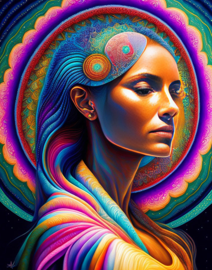 Colorful portrait of woman with intricate patterns and halo aura