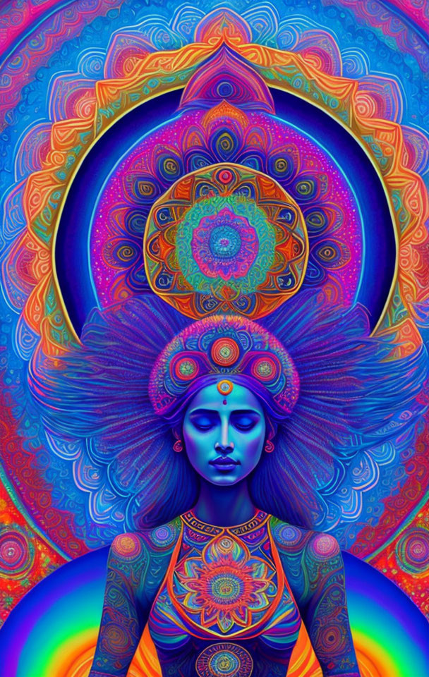 Vibrant psychedelic artwork of woman with intricate patterns and mandalas in blue and purple colors