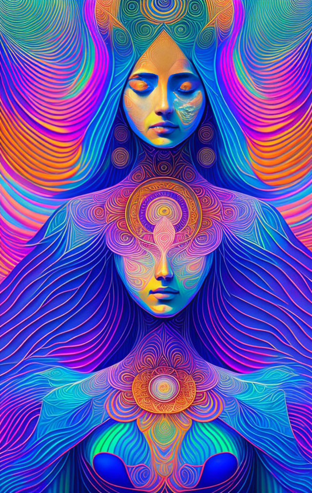 Colorful psychedelic portrait of two female figures with intricate patterns