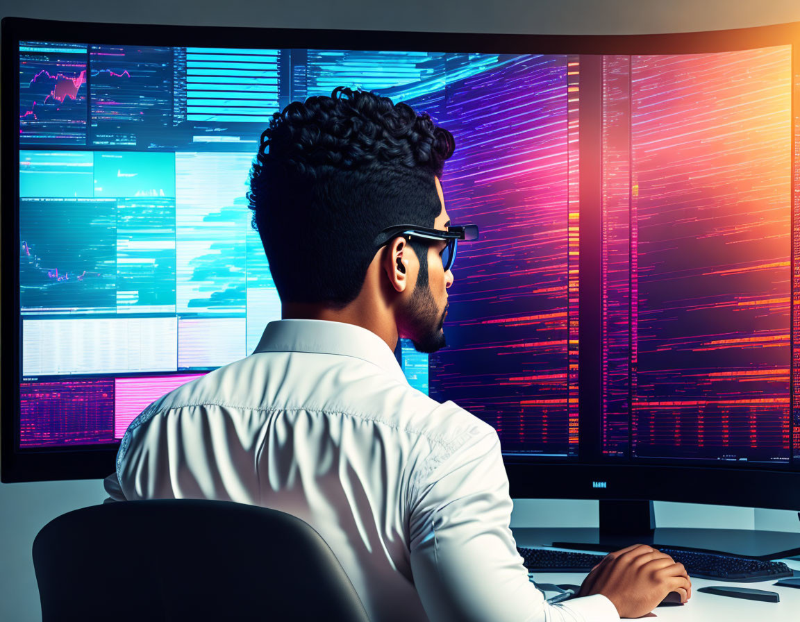 Man with glasses working at desk with multiple colorful data analysis graphs on computer monitors in dimly lit room