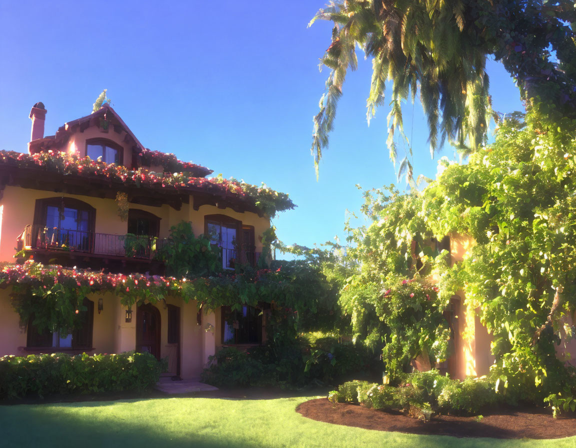 Tranquil villa with pink vines in sunny garden