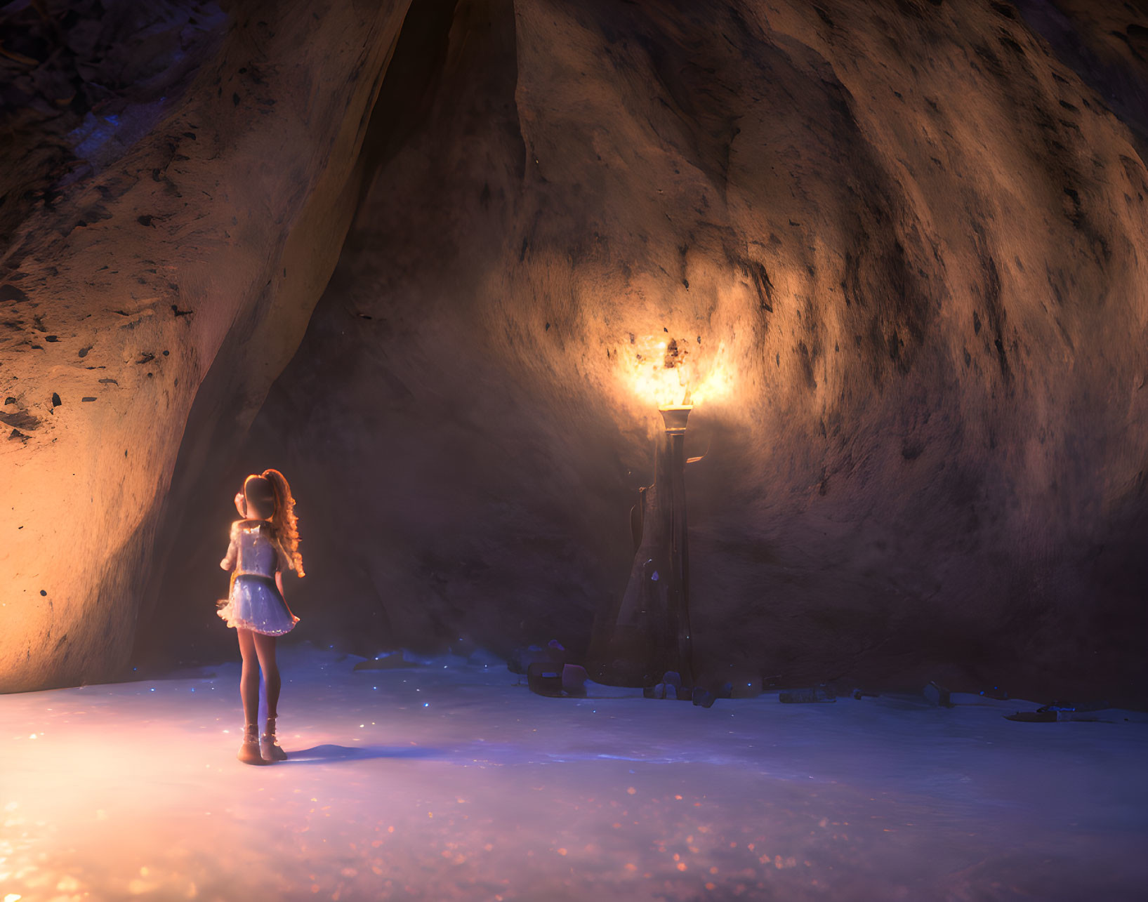 Girl in white dress gazes at glowing cave torch, icy ground reflects light