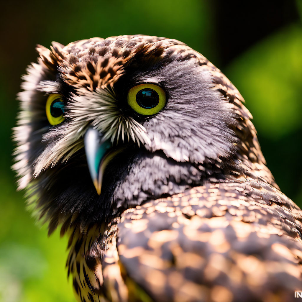 Brown owl with intense yellow eyes and mottled feathers on blurred green background