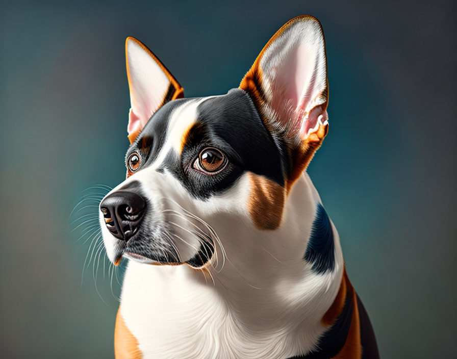 Tricolor Dog with Large Ears and Expressive Eyes on Blue Background