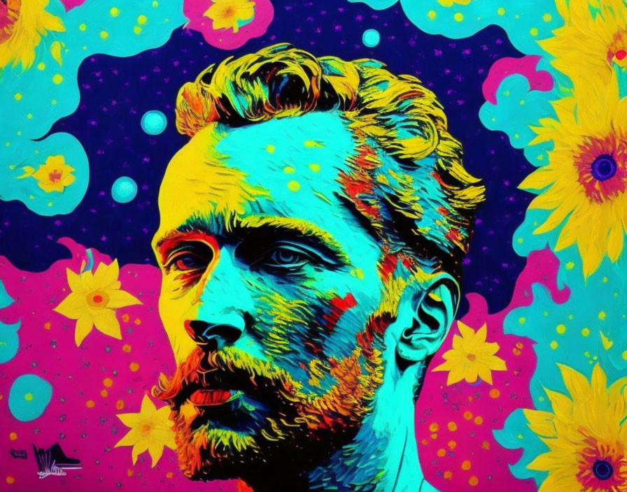 Colorful portrait of a bearded man with psychedelic sunflowers.