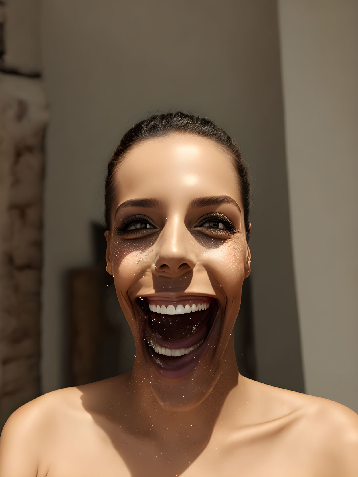 Laughing woman with glitter on face on beige background