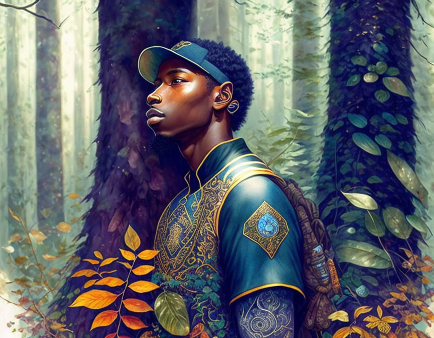 Detailed illustration of young man in forest with cap and traditional garb.