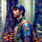 Detailed illustration of young man in forest with cap and traditional garb.