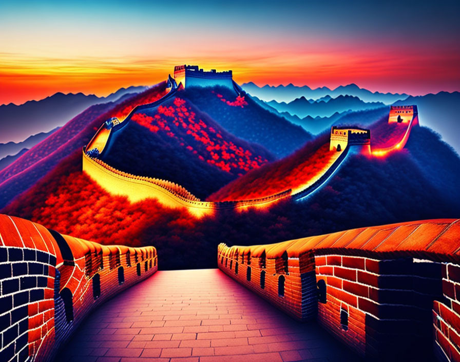 Vivid Great Wall of China at sunset against mountain backdrop