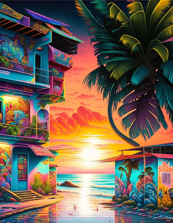 Neon-lit beachside with graffiti art, palm trees, sunset sky, and ocean