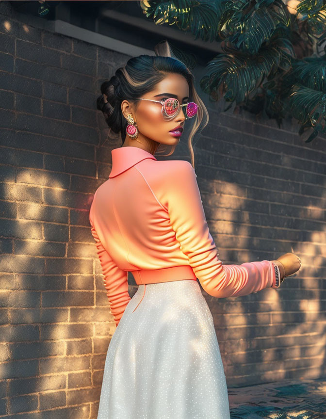 Stylish woman in coral top and white skirt against brick wall, wearing sunglasses and hoop earrings.