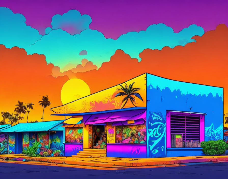 Vibrant street scene artwork at sunset with blue buildings and palm trees