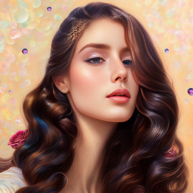 Digital portrait of woman with wavy hair, subtle makeup, glittery background, hair accessory, and