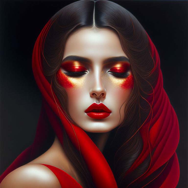 Vibrant red-themed woman illustration with shiny makeup on dark background