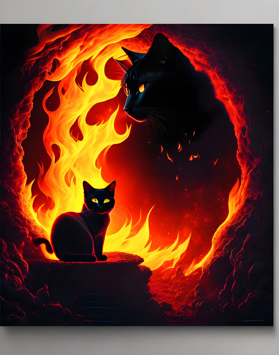 Two black cats in fiery background with glowing eyes