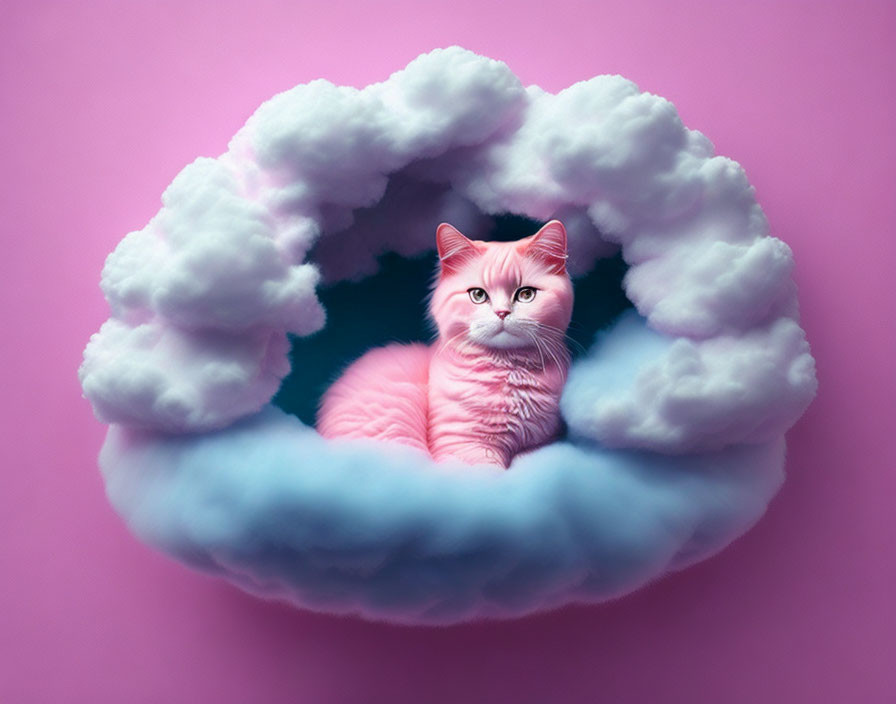 Pink Cat with Blue Eyes in Fluffy Cloud on Pink Background