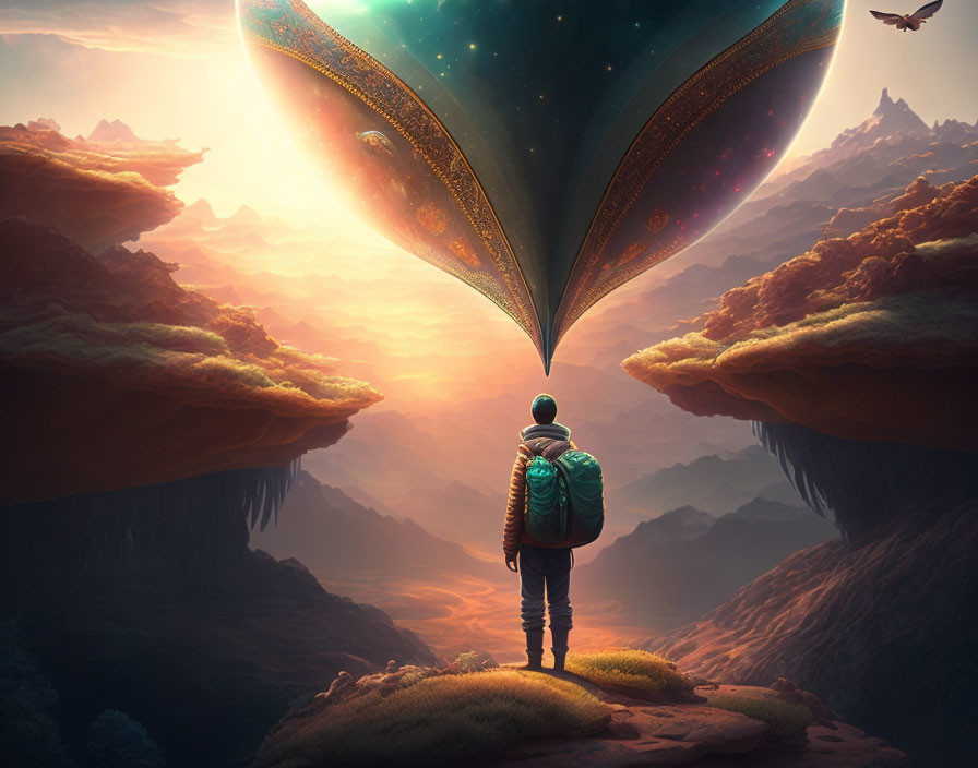 Person standing before massive floating book in dreamy landscape