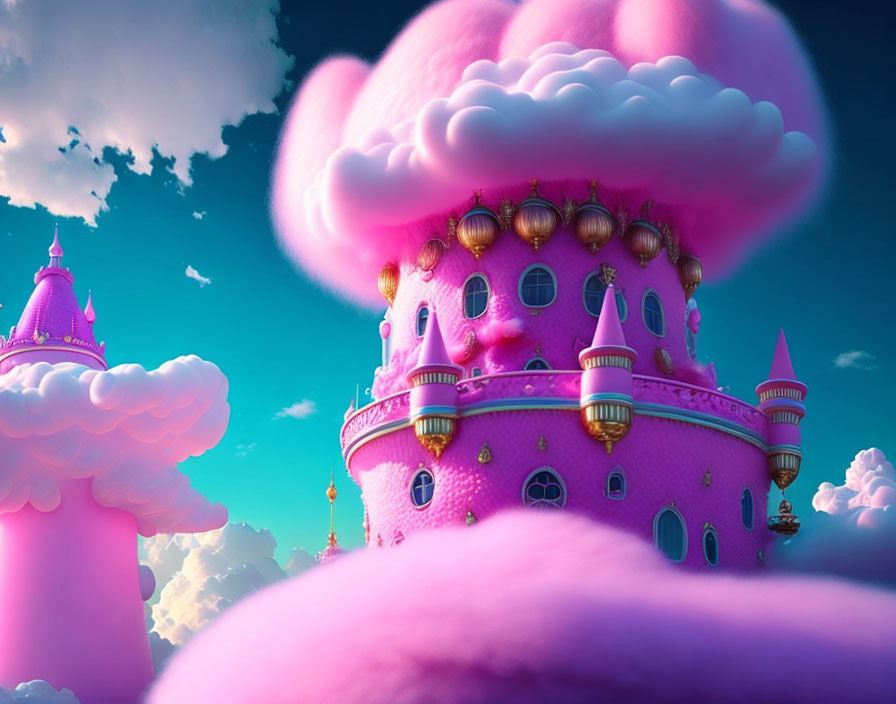 Whimsical pink fantasy castle with golden accents in vibrant illustration